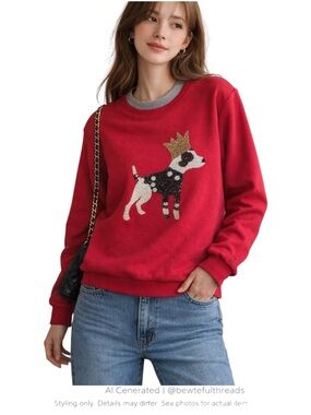 Sequin Dog Graphic Sweatshirt Red Crewneck Cozy Indie Cute S/M